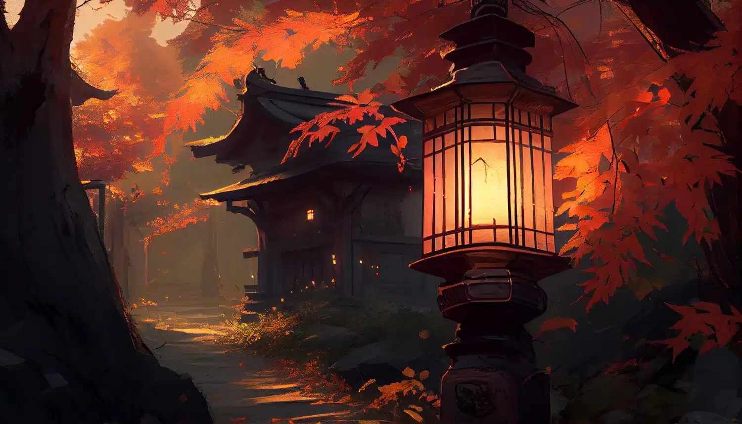 autumn night illuminated lantern tree yellow leaf generated by ai