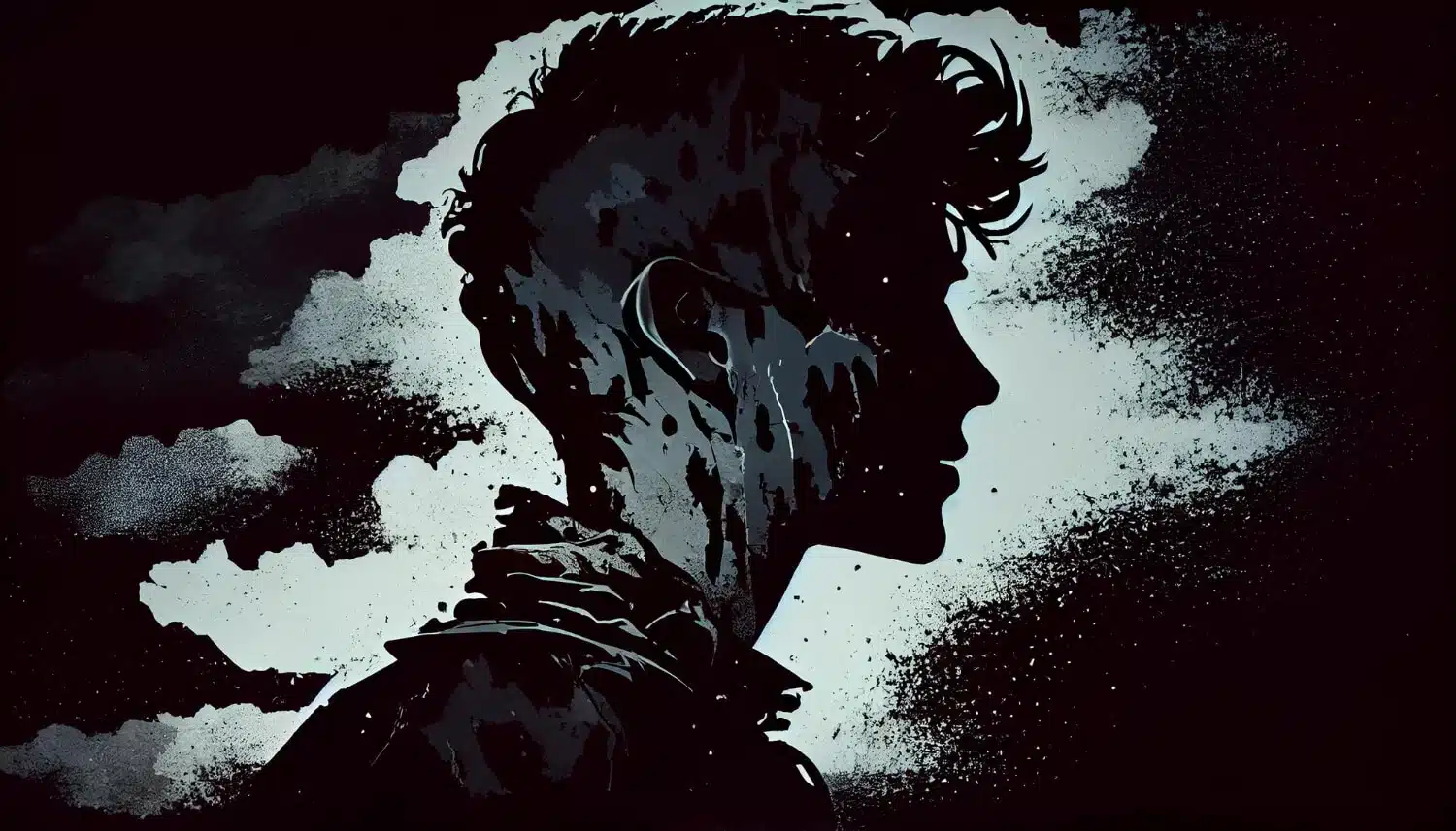 black white illustration man with short hair black white face