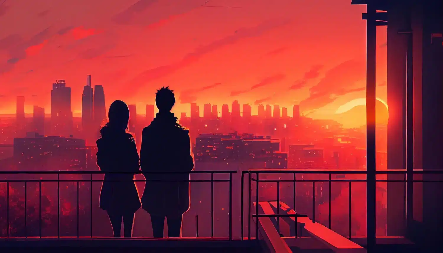silhouette couple standing cityscape sunset skyscraper skyline generative ai